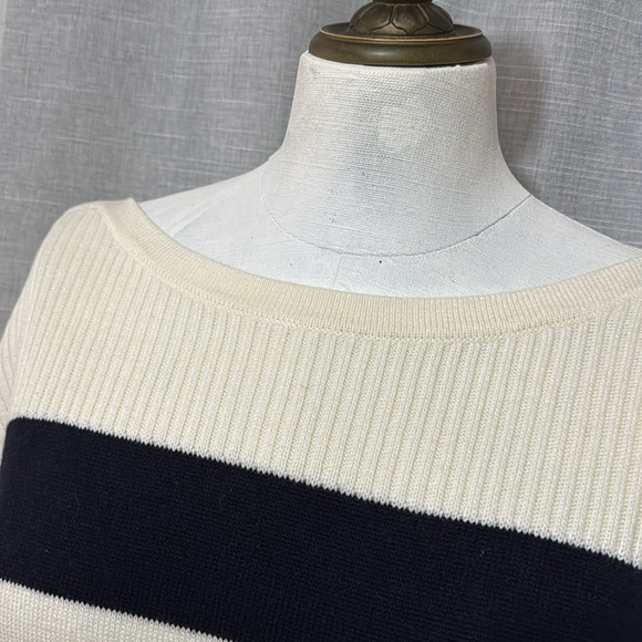 Talbots Cotton Rayon Sweater-Sz S-Navy Cream Stripes-Wider Neck-Notched Side-EUC - Picture 2 of 16